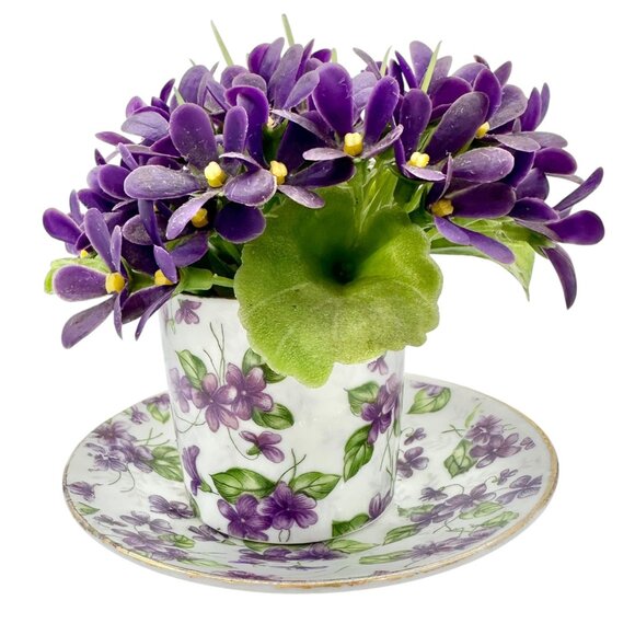 Vtg Inarco E-563 Porcelain Violet Floral Cup Saucer Figurine Flowers Gold Accent - Picture 7 of 10